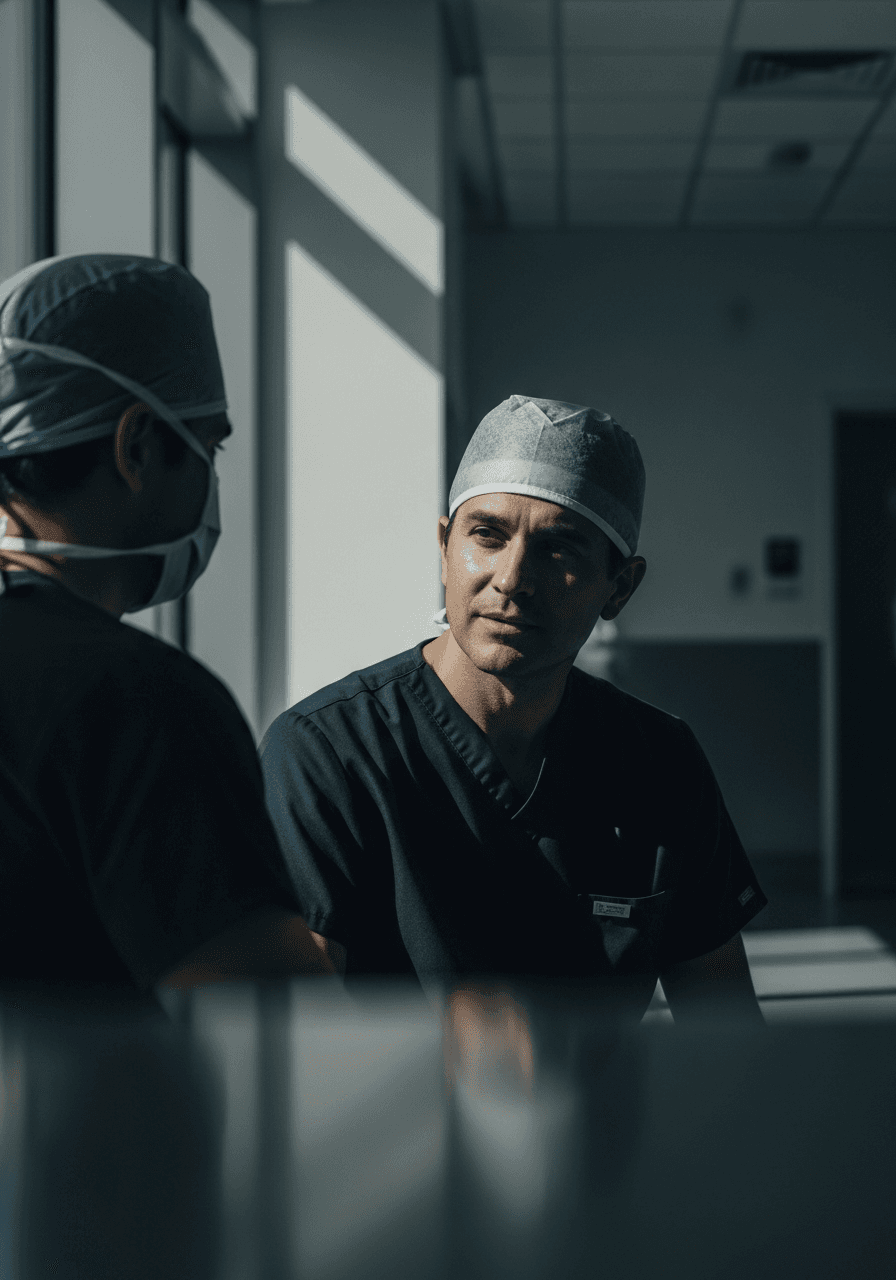 Two medical specialists in scrubs and surgical caps inside a modern operating suite