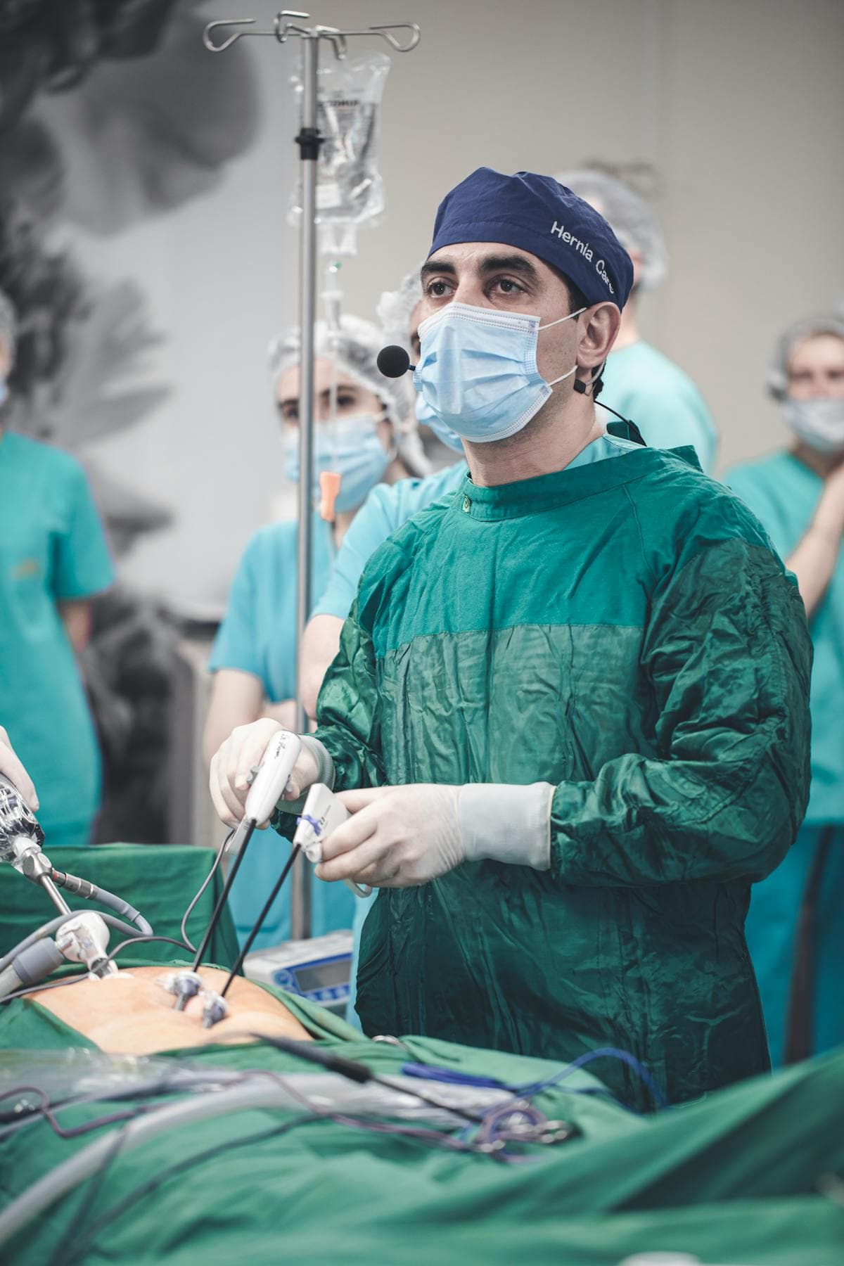 Anesthesiologist at work in a modern operating suite, cinematic portrait